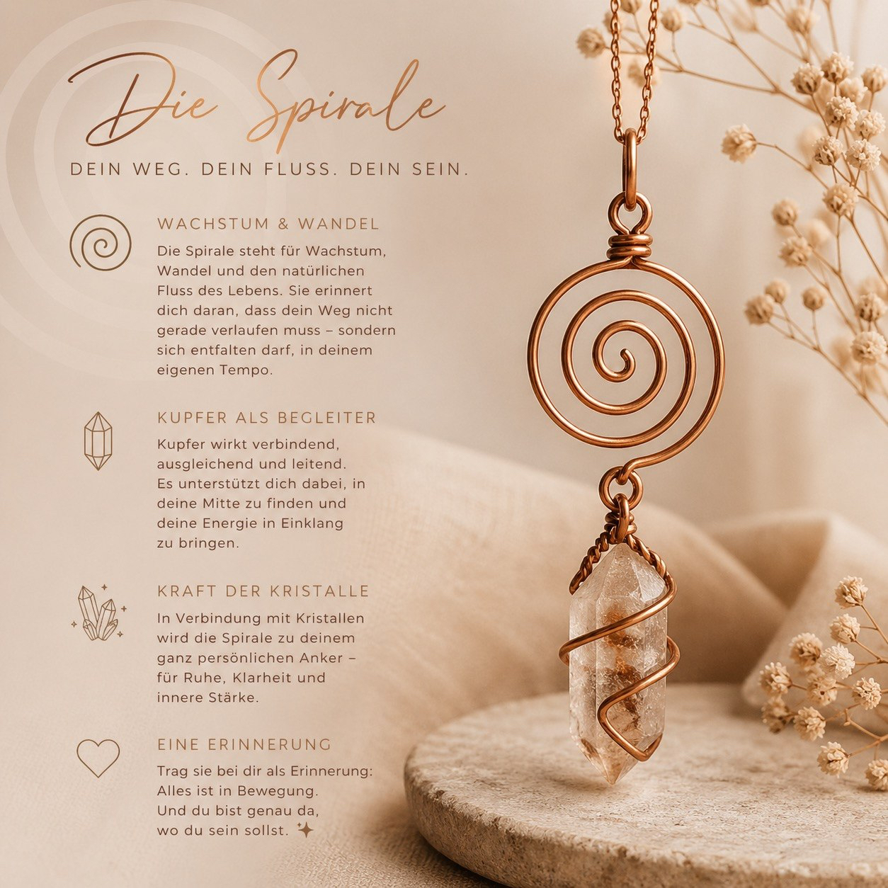 Kupfer-Spirale mit Bergkristall-Anhänger – SOULinTIME®