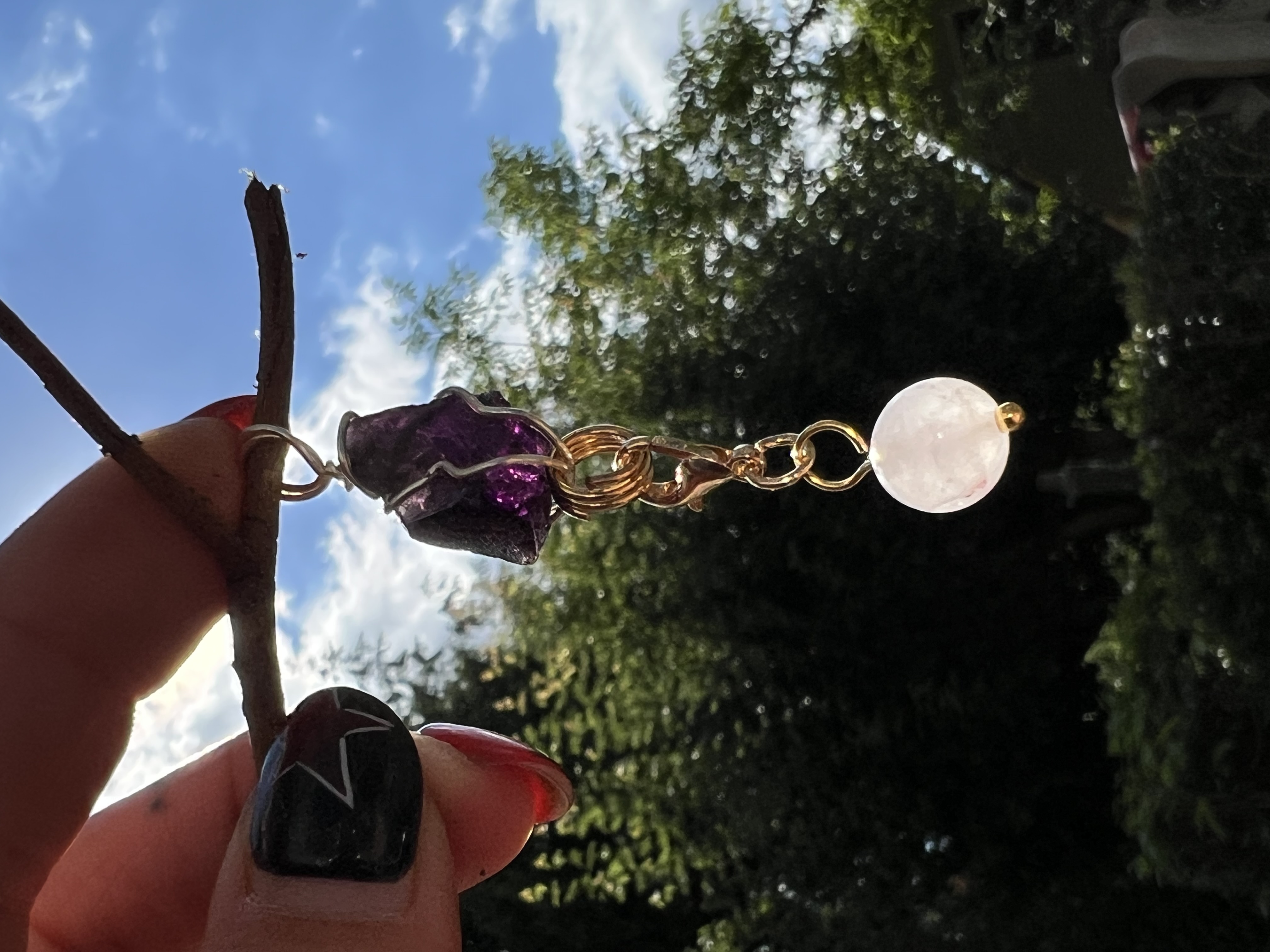 Violet Flame Andara Kristall Anhänger mit Rosenquarz-Perle